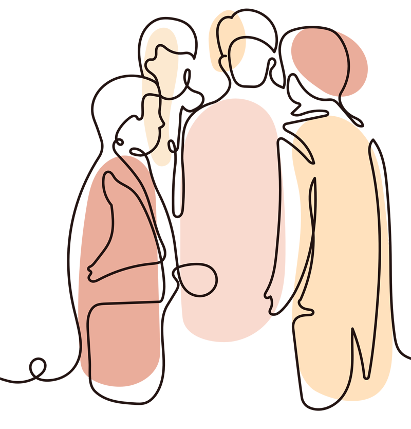 gezeichnete Gruppe von Personen, einander zugewand